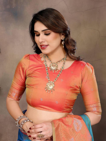Sharvika Sky Blue &amp; Orange Banarasi Leaf Woven Silk Saree
