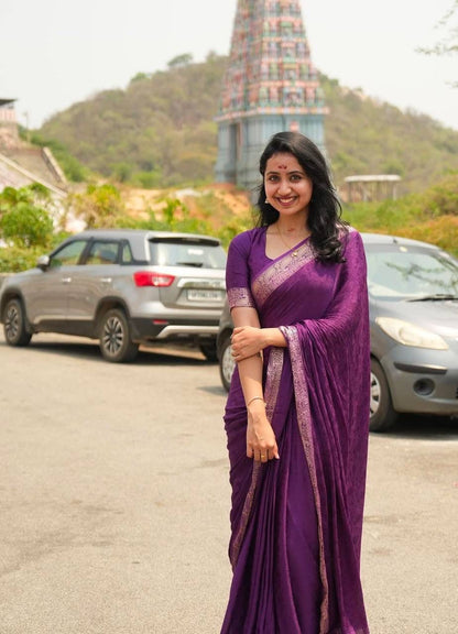 Aaliyah Purple Soft Silk Saree with Light Golden Jacquard Border &amp; Unstitched Blouse Piece