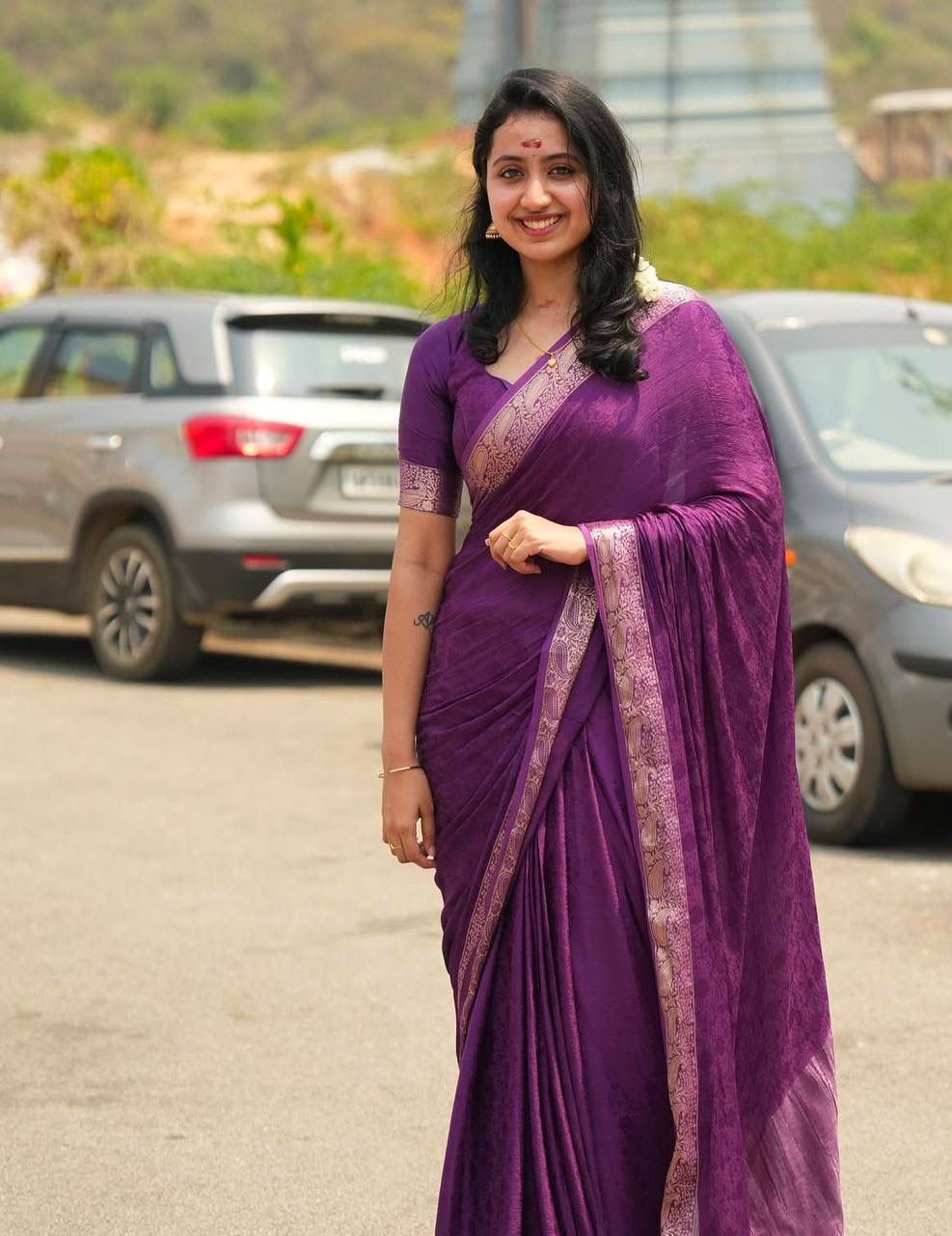 Aaliyah Purple Soft Silk Saree with Light Golden Jacquard Border &amp; Unstitched Blouse Piece