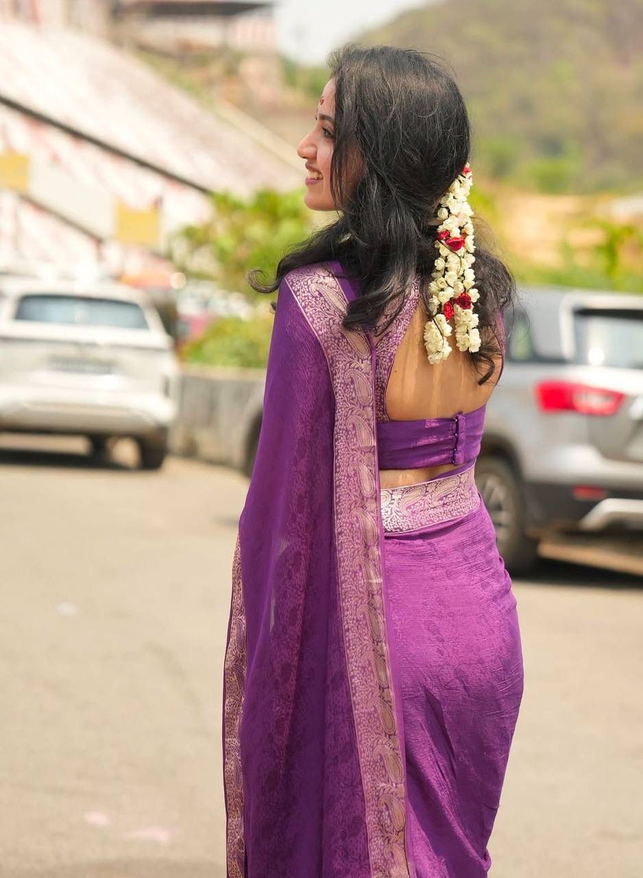 Aaliyah Purple Soft Silk Saree with Light Golden Jacquard Border &amp; Unstitched Blouse Piece
