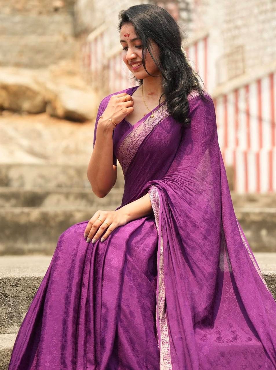 Aaliyah Purple Soft Silk Saree with Light Golden Jacquard Border &amp; Unstitched Blouse Piece