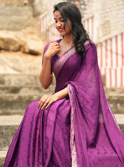 Aaliyah Purple Soft Silk Saree with Light Golden Jacquard Border &amp; Unstitched Blouse Piece