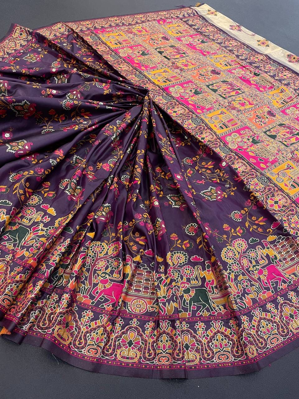 Barbara Deep Purple Soft Silk Saree with Multicolor Traditional Print &amp; Unstitched Blouse Piece