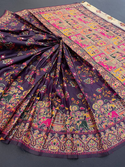 Barbara Deep Purple Soft Silk Saree with Multicolor Traditional Print &amp; Unstitched Blouse Piece