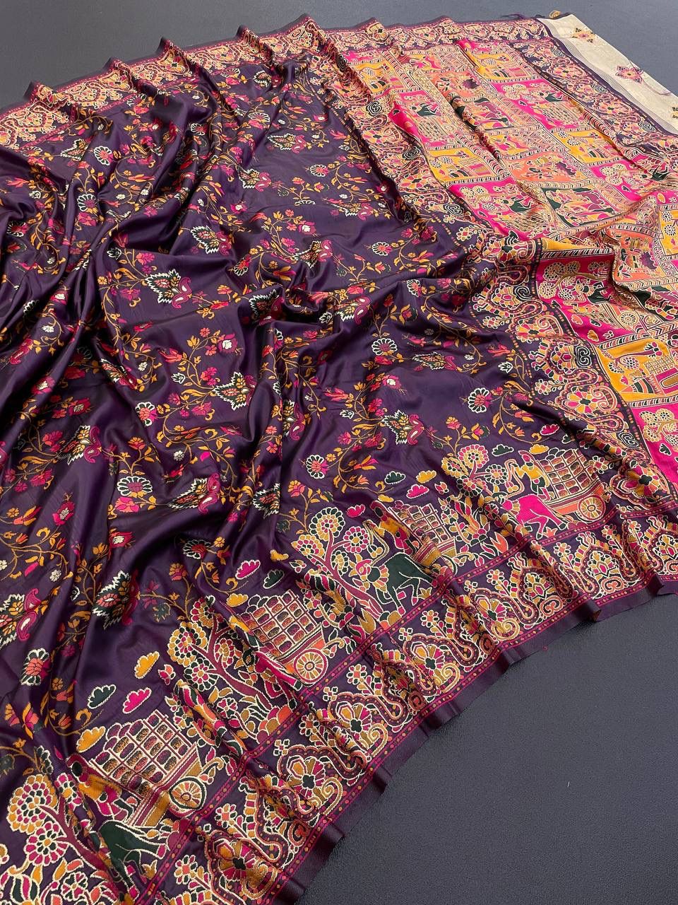 Barbara Deep Purple Soft Silk Saree with Multicolor Traditional Print &amp; Unstitched Blouse Piece