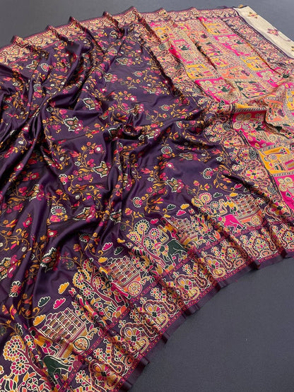 Barbara Deep Purple Soft Silk Saree with Multicolor Traditional Print &amp; Unstitched Blouse Piece