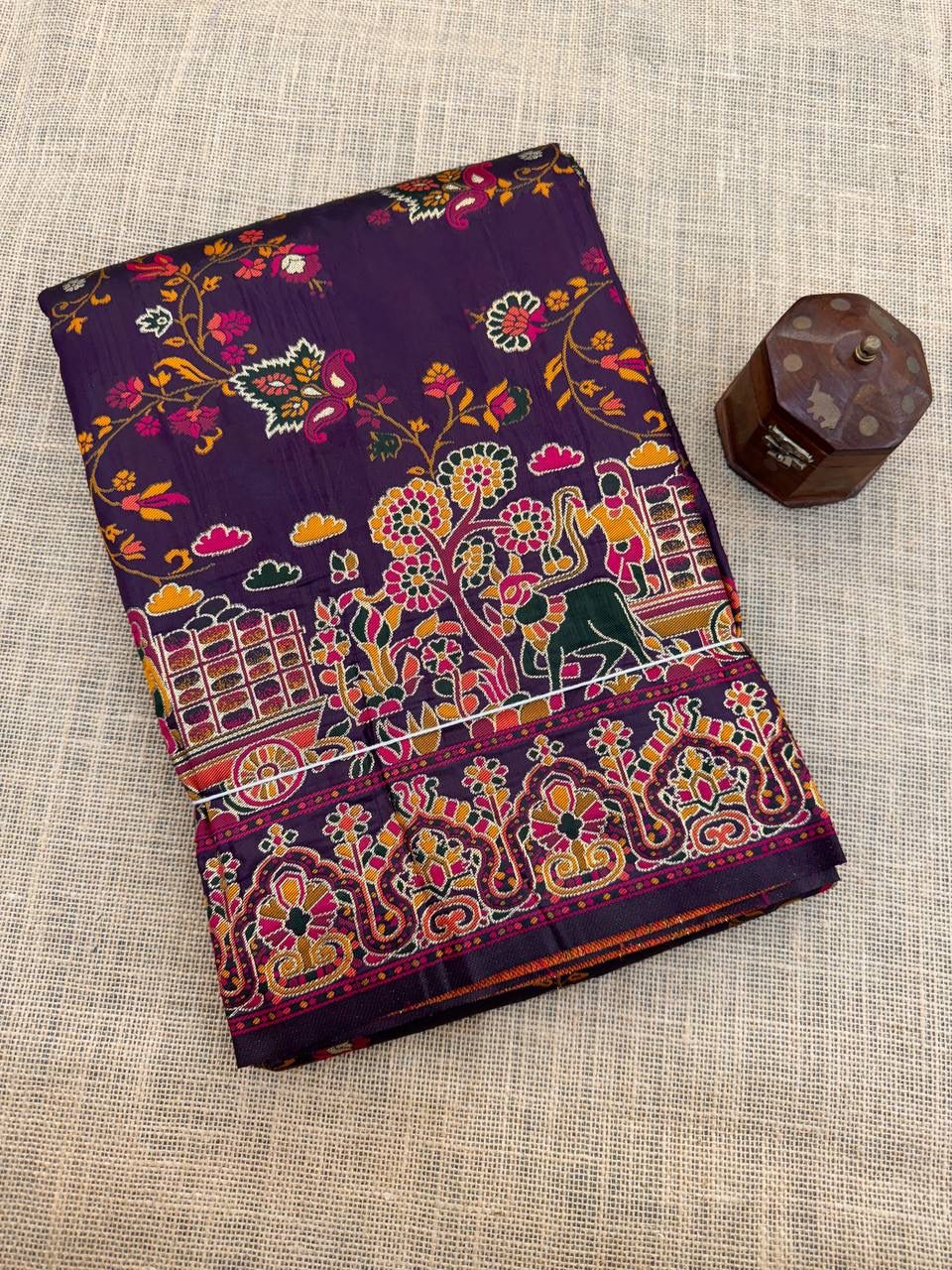 Barbara Deep Purple Soft Silk Saree with Multicolor Traditional Print &amp; Unstitched Blouse Piece