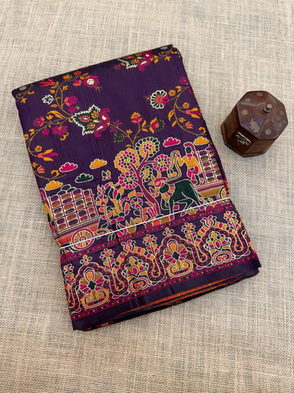 Barbara Deep Purple Soft Silk Saree with Multicolor Traditional Print &amp; Unstitched Blouse Piece