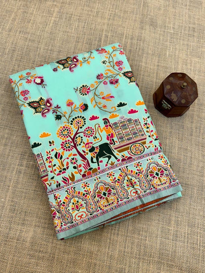 Barbara Light Aqua Blue Soft Silk Saree with Multicolor Traditional Print &amp; Unstitched Blouse Piece