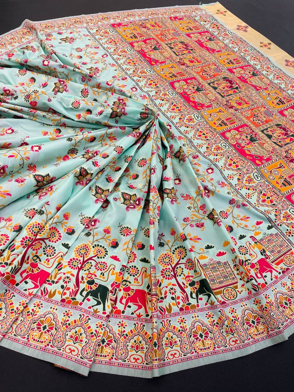 Barbara Light Aqua Blue Soft Silk Saree with Multicolor Traditional Print &amp; Unstitched Blouse Piece