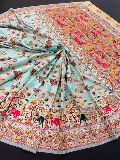 Barbara Light Aqua Blue Soft Silk Saree with Multicolor Traditional Print &amp; Unstitched Blouse Piece