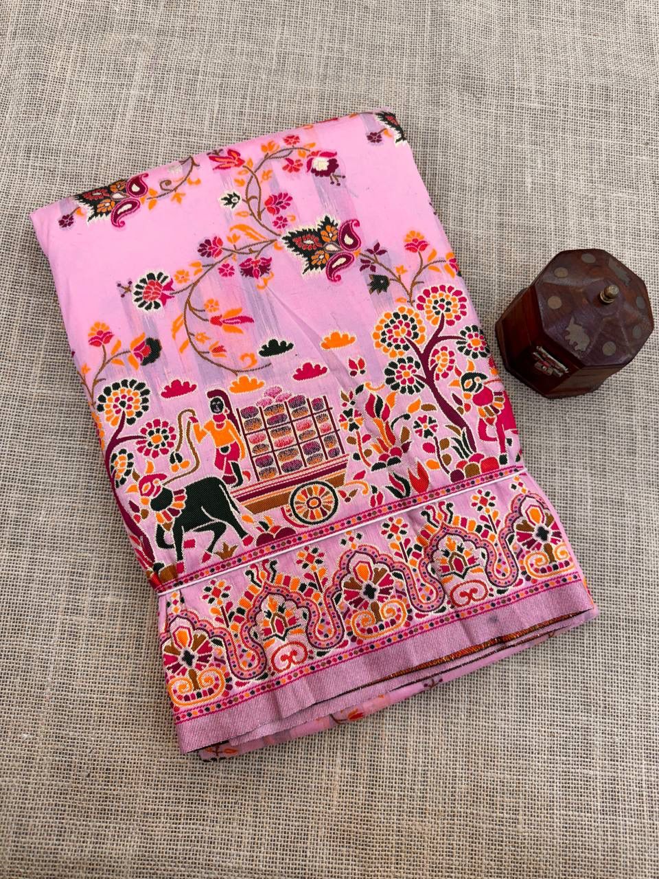 Barbara Pink Soft Silk Saree with Multicolor Traditional Print &amp; Unstitched Blouse Piece