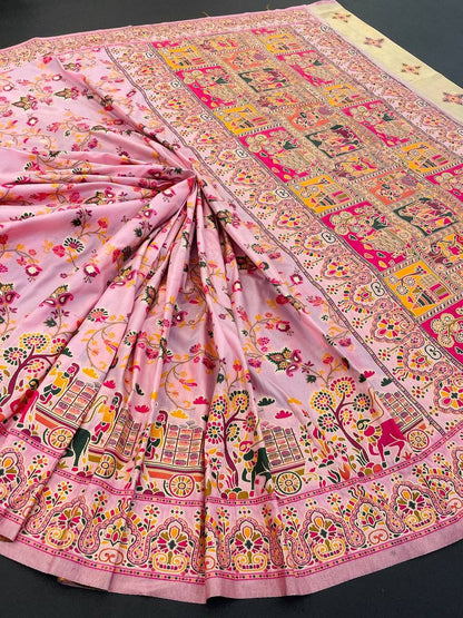 Barbara Pink Soft Silk Saree with Multicolor Traditional Print &amp; Unstitched Blouse Piece