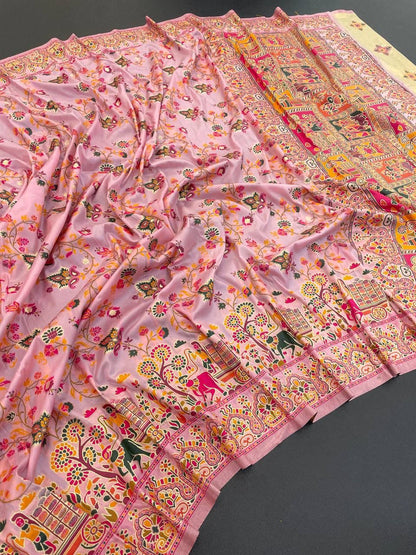 Barbara Pink Soft Silk Saree with Multicolor Traditional Print &amp; Unstitched Blouse Piece