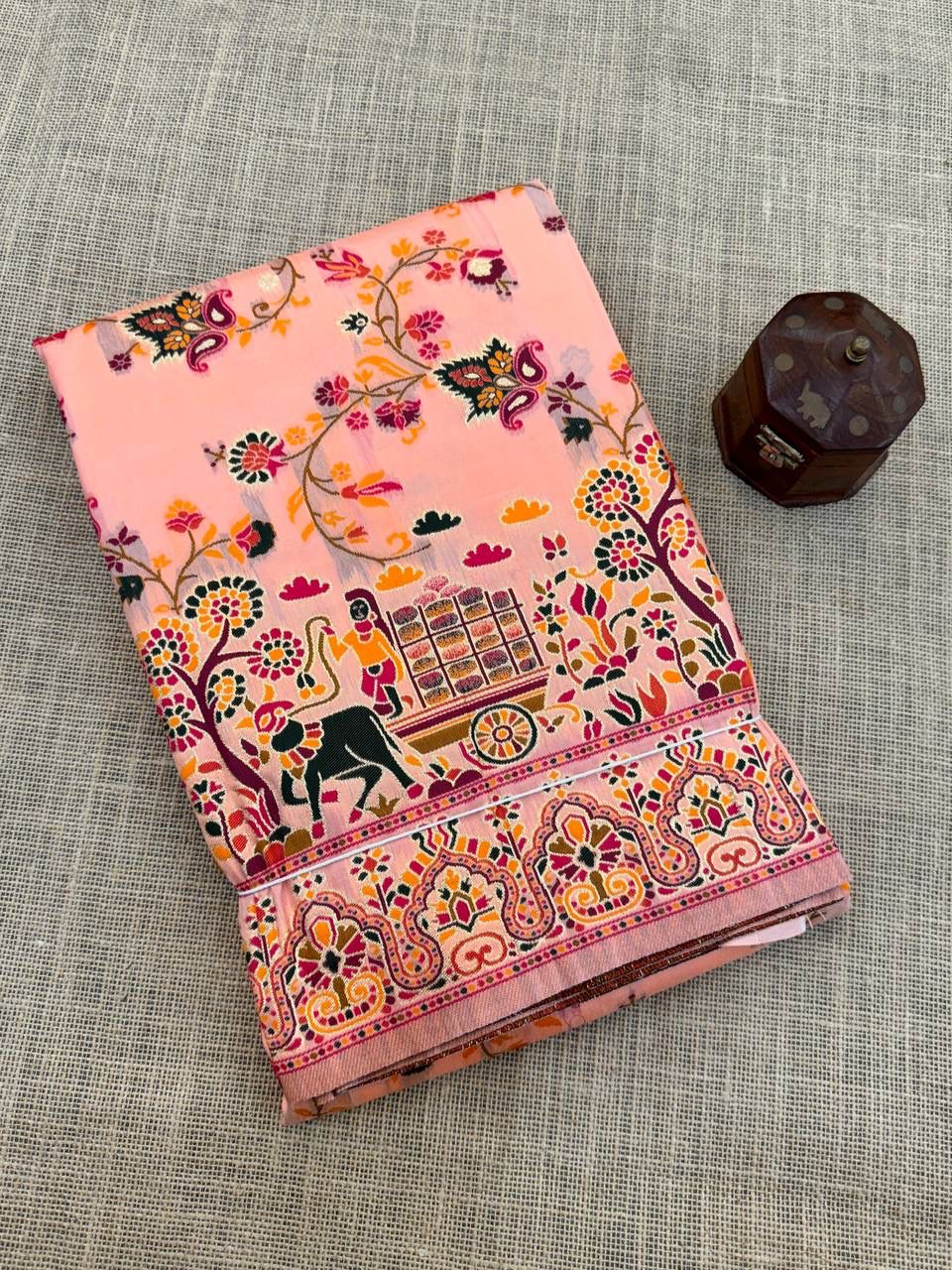 Barbara Peach Pink Soft Silk Saree with Multicolor Traditional Print &amp; Unstitched Blouse Piece