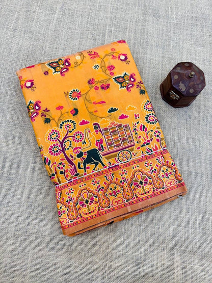 Barbara Yellow Soft Silk Saree with Multicolor Traditional Print &amp; Unstitched Blouse Piece