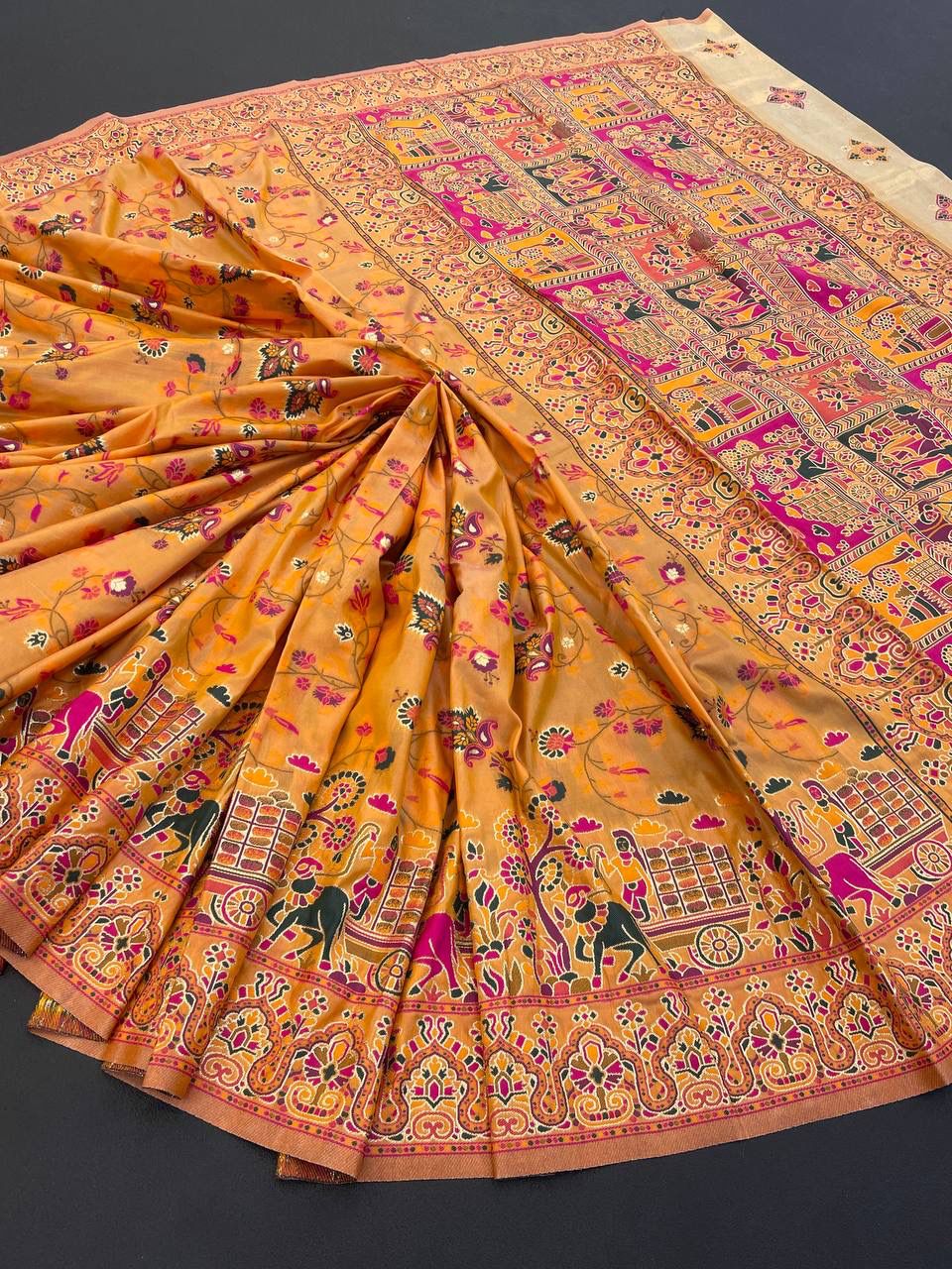 Barbara Yellow Soft Silk Saree with Multicolor Traditional Print &amp; Unstitched Blouse Piece