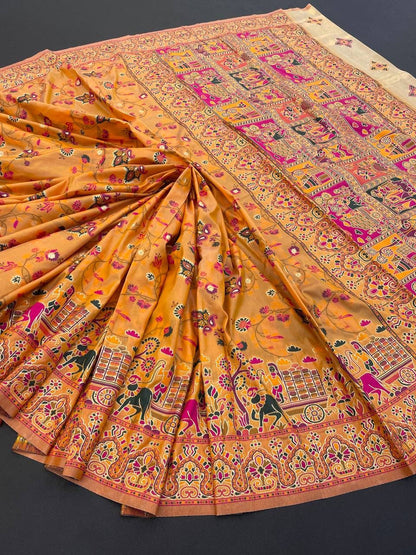 Barbara Yellow Soft Silk Saree with Multicolor Traditional Print &amp; Unstitched Blouse Piece