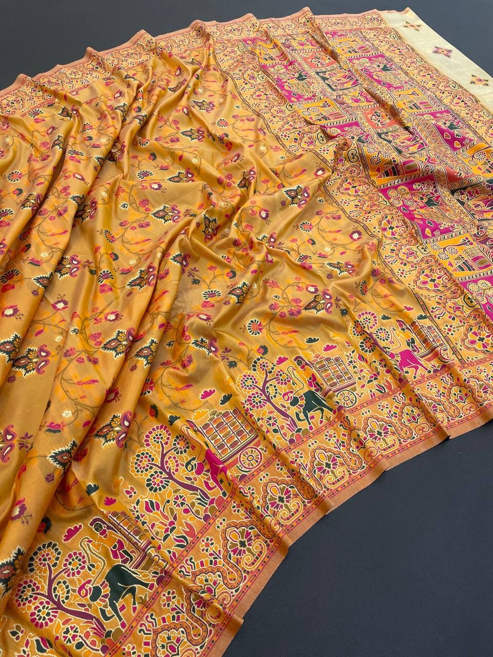 Barbara Yellow Soft Silk Saree with Multicolor Traditional Print &amp; Unstitched Blouse Piece