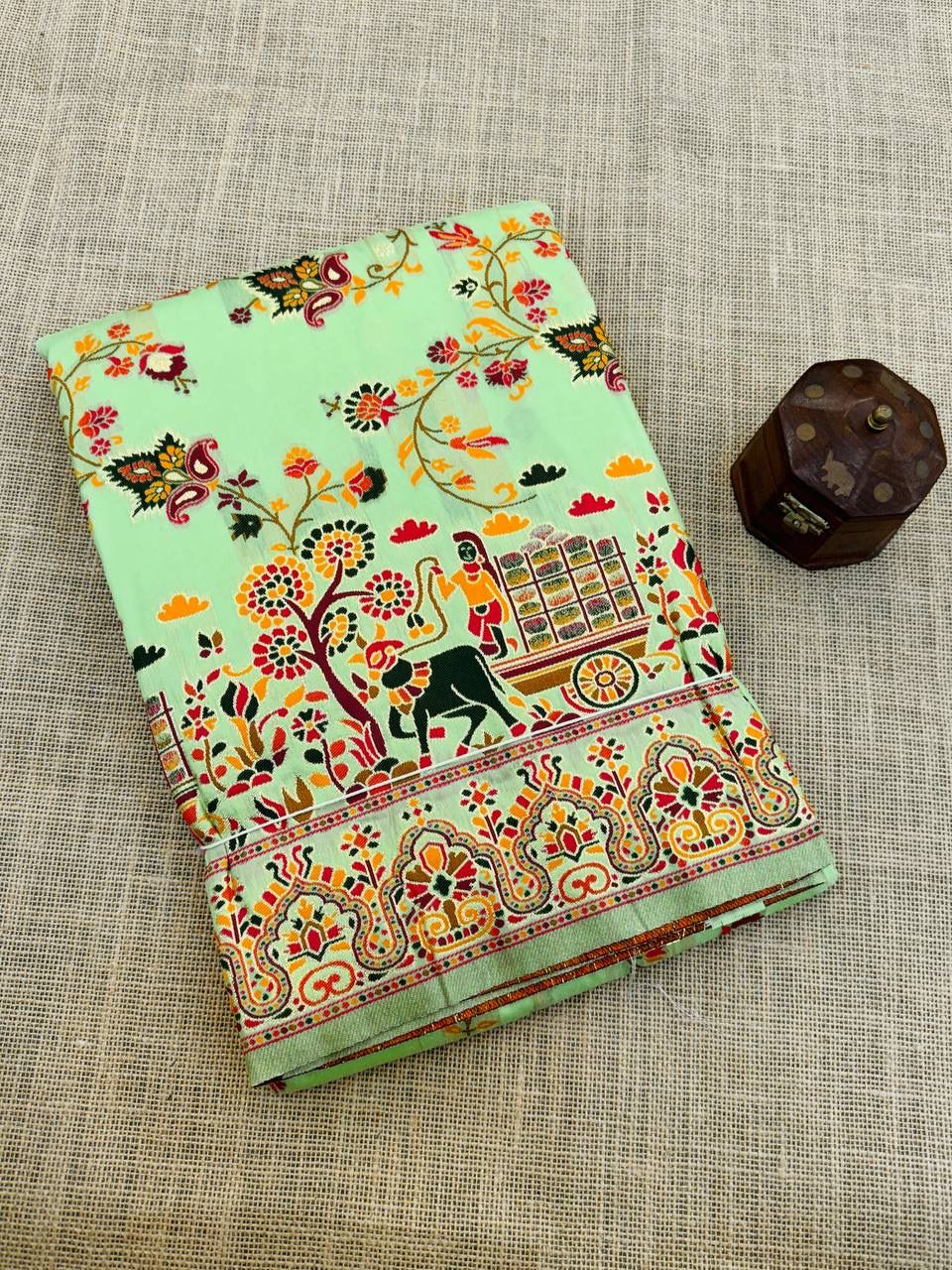 Barbara Pista Green Soft Silk Saree with Multicolor Traditional Print &amp; Unstitched Blouse Piece