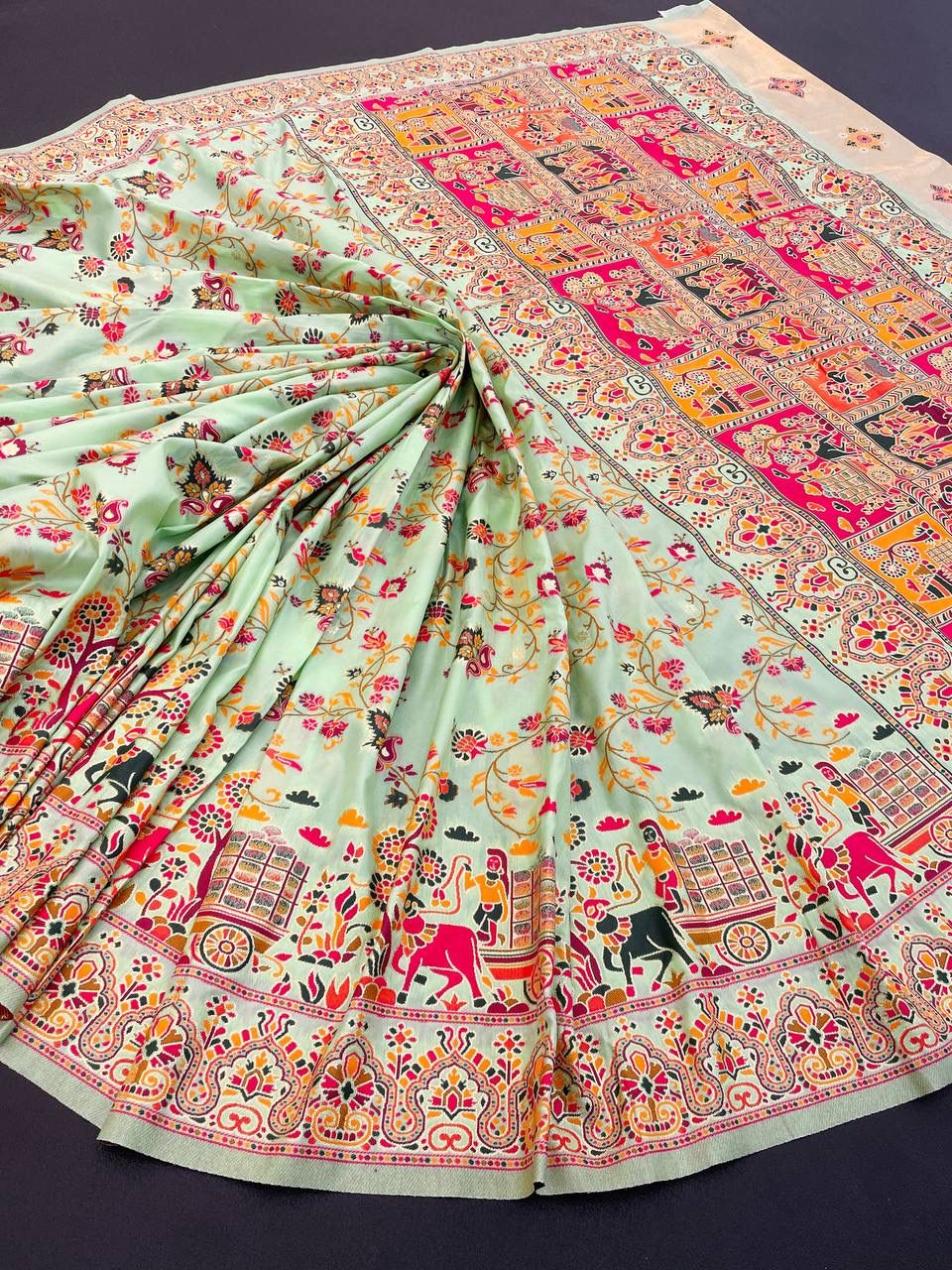 Barbara Pista Green Soft Silk Saree with Multicolor Traditional Print &amp; Unstitched Blouse Piece
