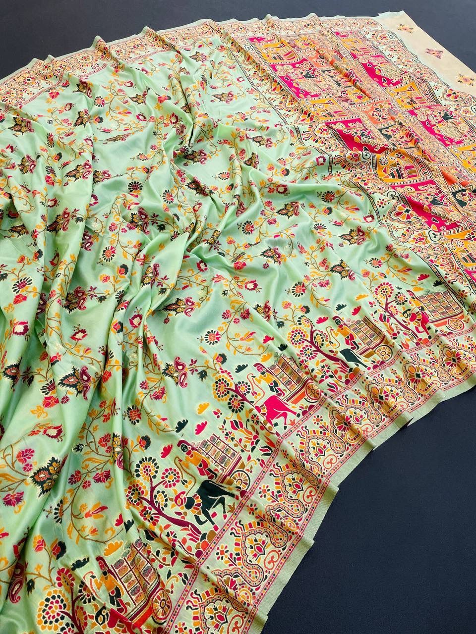 Barbara Pista Green Soft Silk Saree with Multicolor Traditional Print &amp; Unstitched Blouse Piece