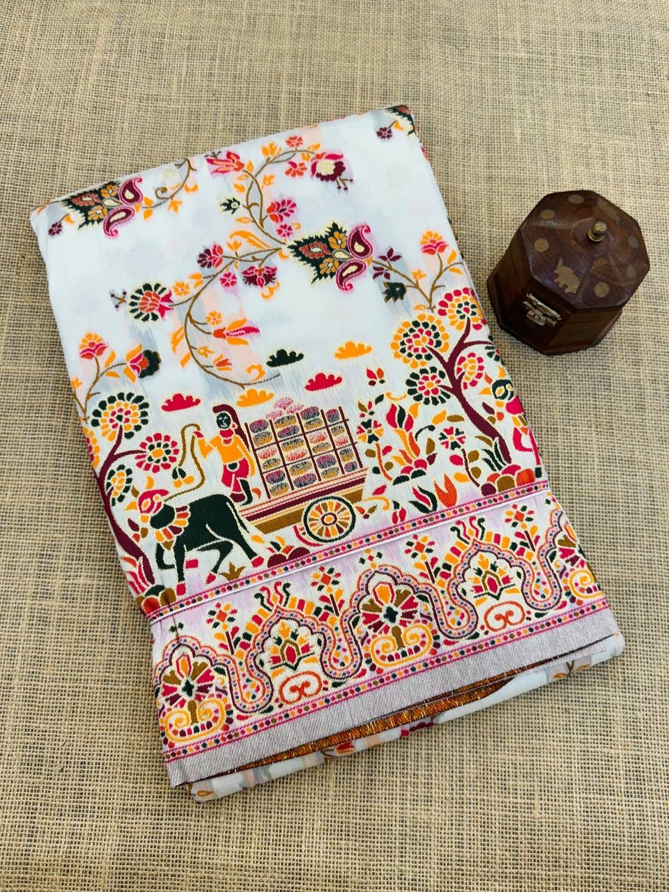 Barbara White Soft Silk Saree with Multicolor Traditional Print &amp; Unstitched Blouse Piece