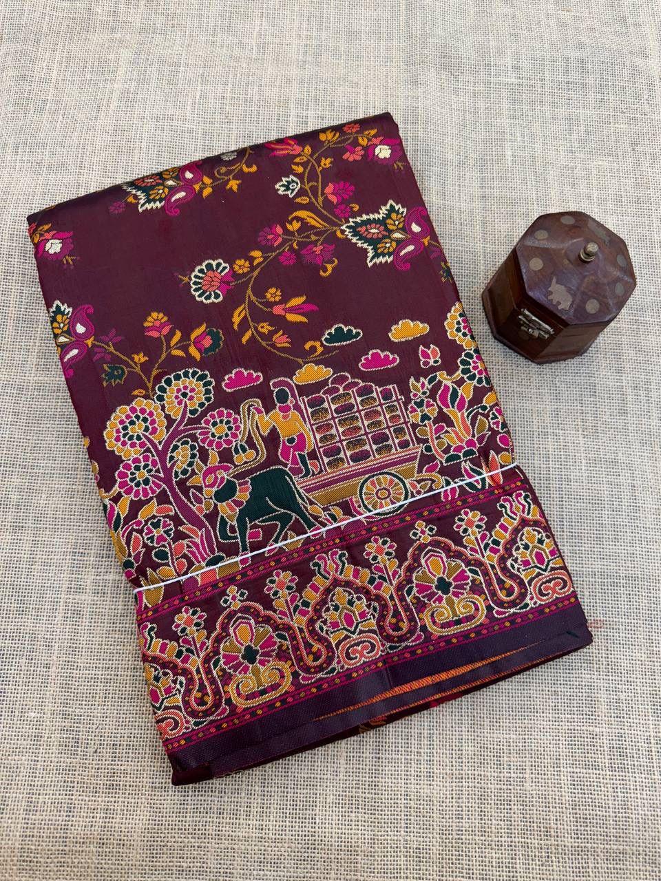 Barbara Dark Maroon  Soft Silk Saree with Multicolor Traditional Print &amp; Unstitched Blouse Piece