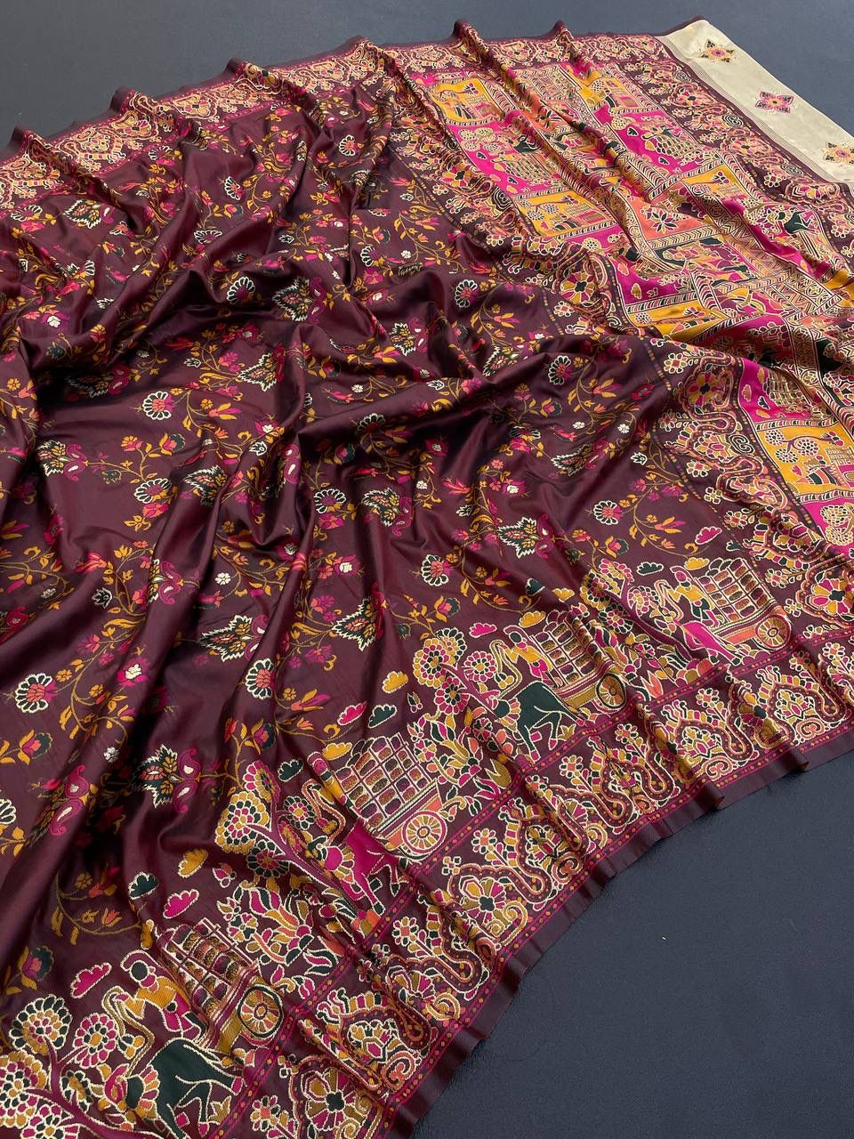 Barbara Dark Maroon  Soft Silk Saree with Multicolor Traditional Print &amp; Unstitched Blouse Piece