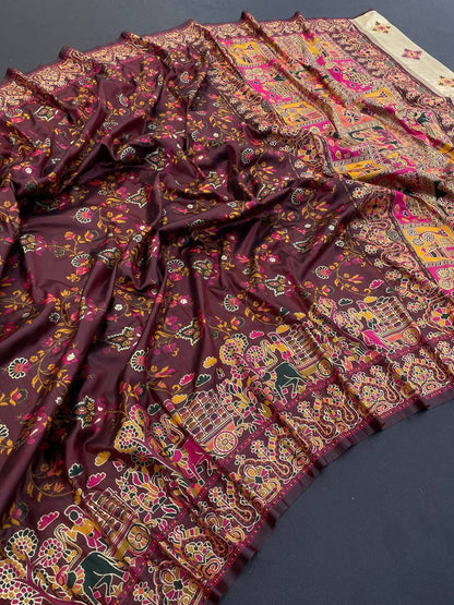 Barbara Dark Maroon  Soft Silk Saree with Multicolor Traditional Print &amp; Unstitched Blouse Piece