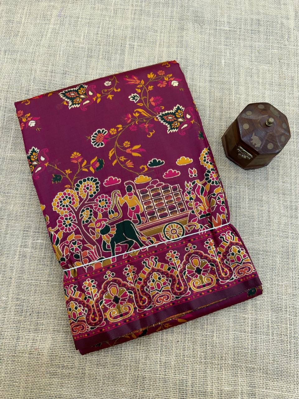 Barbara Wine Purple  Soft Silk Saree with Multicolor Traditional Print &amp; Unstitched Blouse Piece