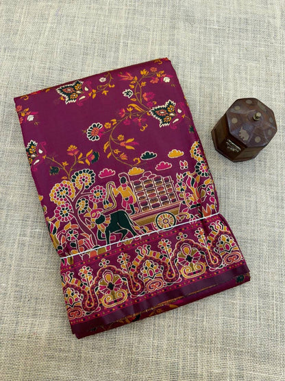Barbara Wine Purple  Soft Silk Saree with Multicolor Traditional Print &amp; Unstitched Blouse Piece