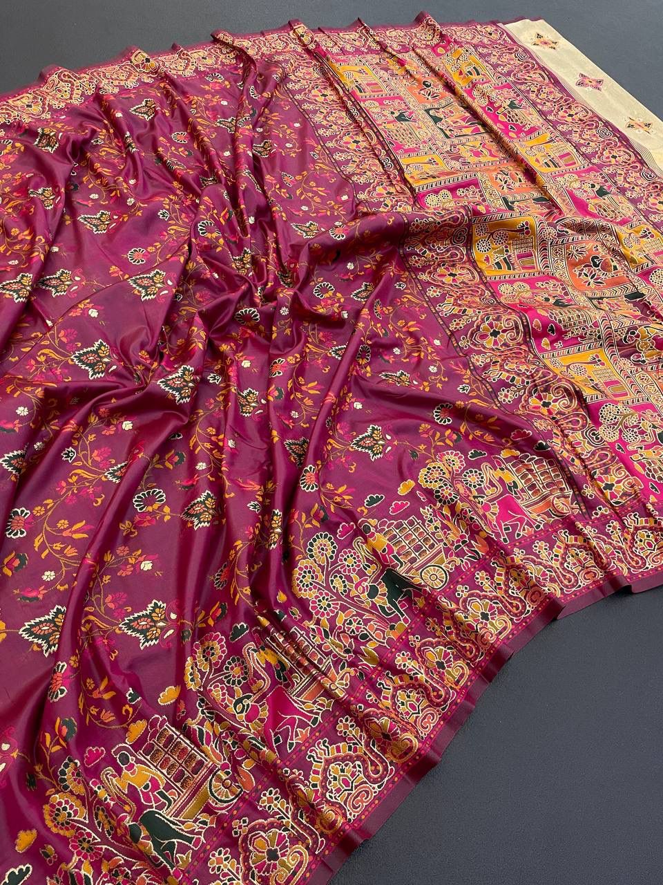 Barbara Wine Purple  Soft Silk Saree with Multicolor Traditional Print &amp; Unstitched Blouse Piece