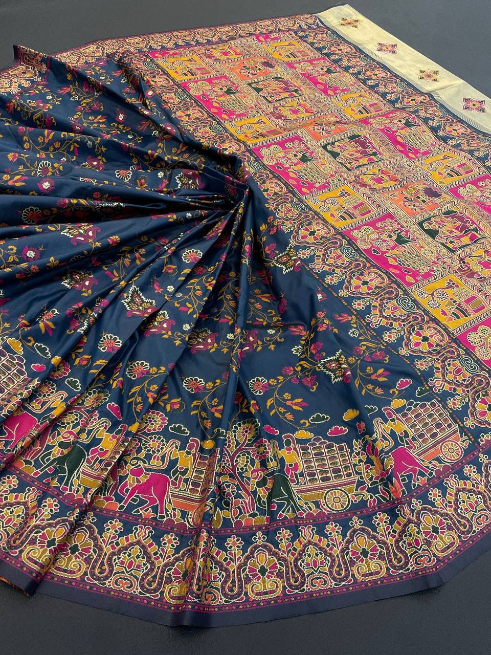 Barbara Navy Blue Soft Silk Saree with Multicolor Traditional Print &amp; Unstitched Blouse Piece