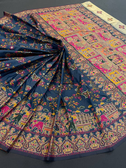 Barbara Navy Blue Soft Silk Saree with Multicolor Traditional Print &amp; Unstitched Blouse Piece
