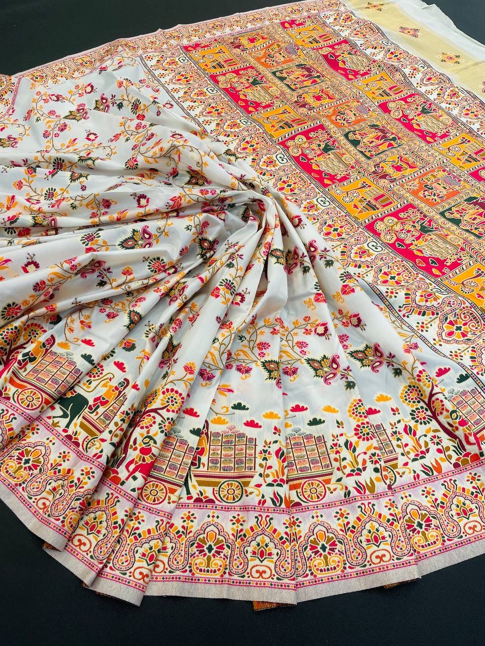 Barbara White Soft Silk Saree with Multicolor Traditional Print &amp; Unstitched Blouse Piece