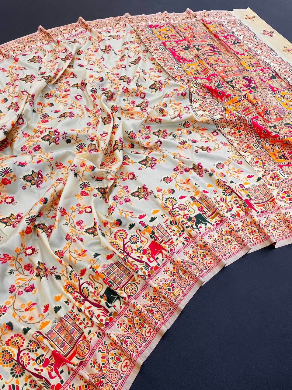 Barbara White Soft Silk Saree with Multicolor Traditional Print &amp; Unstitched Blouse Piece