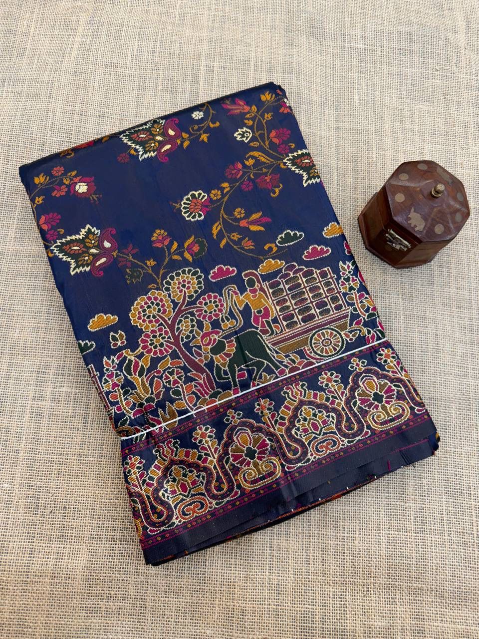 Barbara Navy Blue Soft Silk Saree with Multicolor Traditional Print &amp; Unstitched Blouse Piece