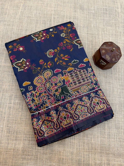 Barbara Navy Blue Soft Silk Saree with Multicolor Traditional Print &amp; Unstitched Blouse Piece