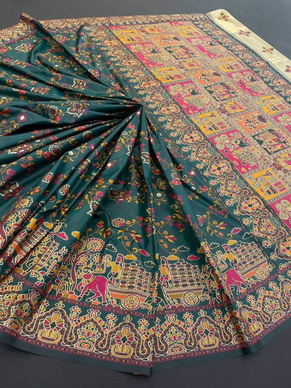 Barbara Green Soft Silk Saree with Multicolor Traditional Print &amp; Unstitched Blouse Piece