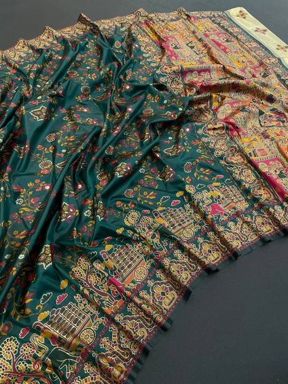 Barbara Green Soft Silk Saree with Multicolor Traditional Print &amp; Unstitched Blouse Piece