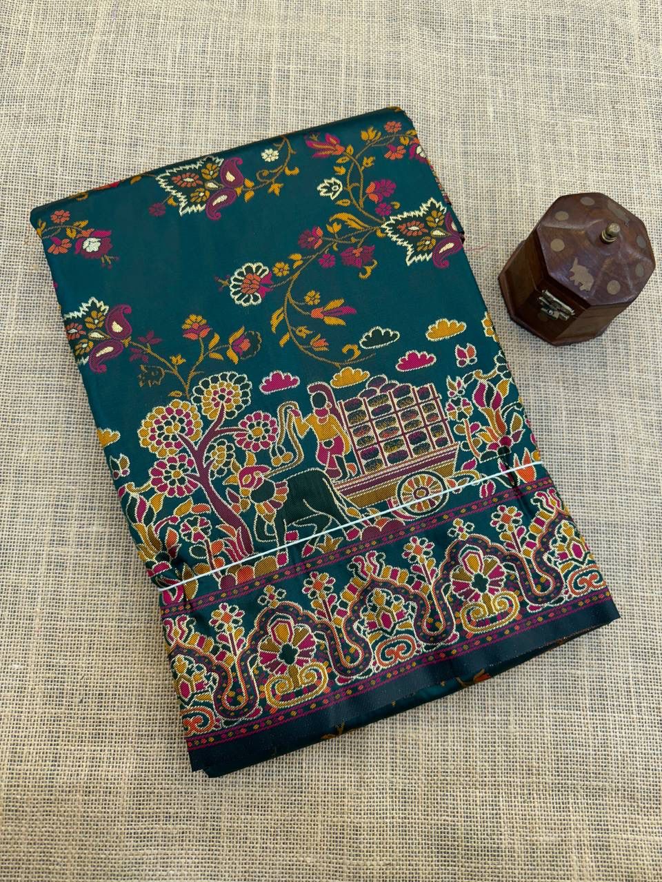 Barbara Green Soft Silk Saree with Multicolor Traditional Print &amp; Unstitched Blouse Piece
