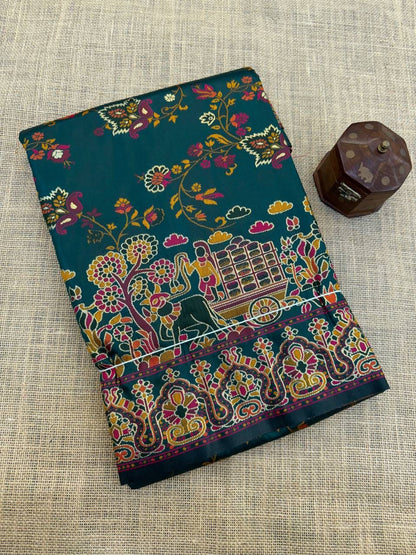Barbara Green Soft Silk Saree with Multicolor Traditional Print &amp; Unstitched Blouse Piece