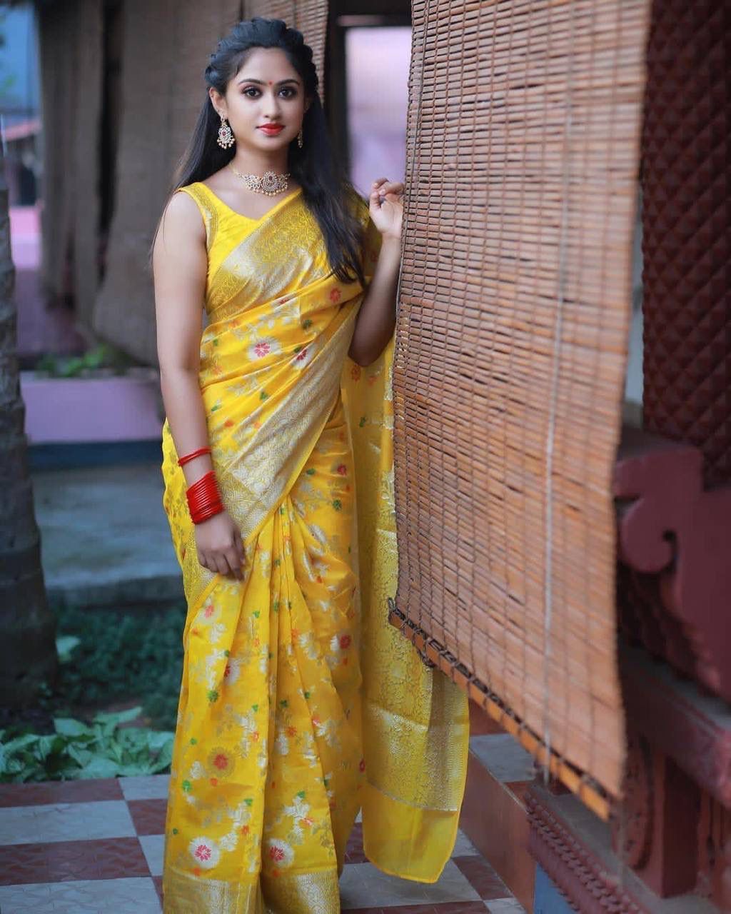 Abigail Yellow Soft Silk Floral Saree with Golden Jacquard Border &amp; Unstitched Blouse Piece