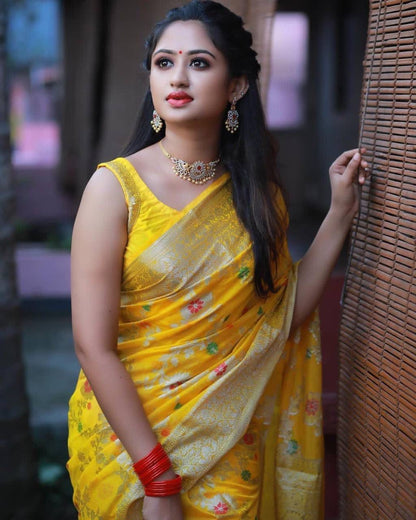 Abigail Yellow Soft Silk Floral Saree with Golden Jacquard Border &amp; Unstitched Blouse Piece