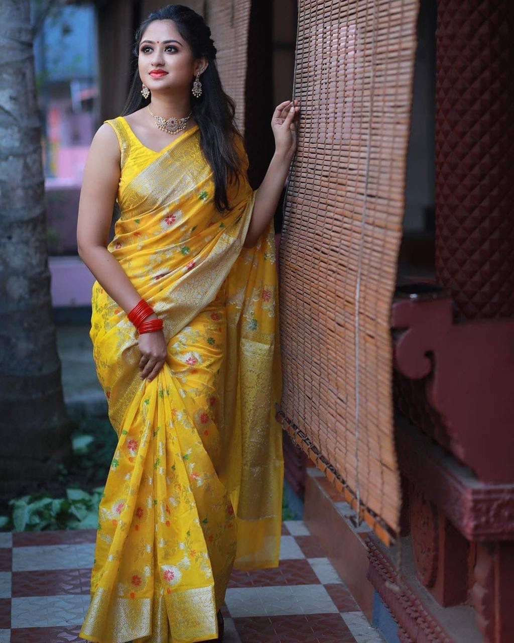 Abigail Yellow Soft Silk Floral Saree with Golden Jacquard Border &amp; Unstitched Blouse Piece