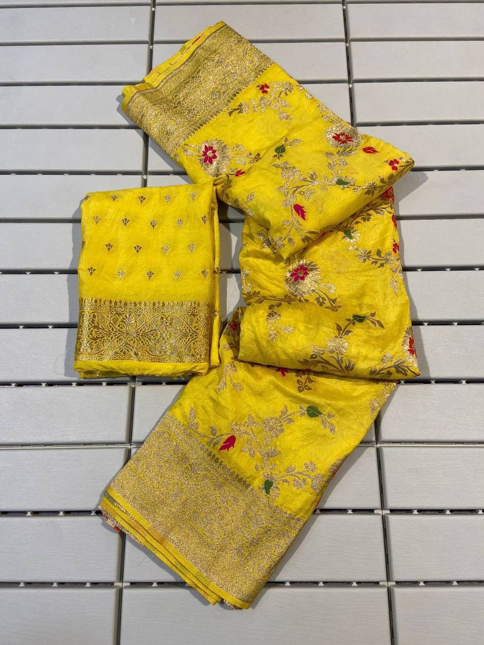 Abigail Yellow Soft Silk Floral Saree with Golden Jacquard Border &amp; Unstitched Blouse Piece