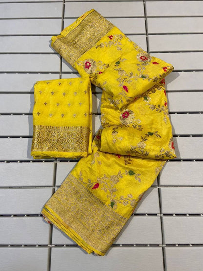 Abigail Yellow Soft Silk Floral Saree with Golden Jacquard Border &amp; Unstitched Blouse Piece