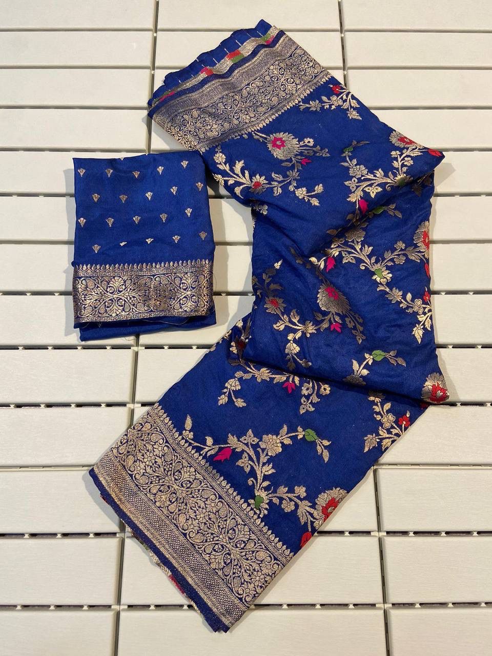 Abigail Dark Blue Soft Silk Floral Saree with Golden Jacquard Border &amp; Unstitched Blouse Piece