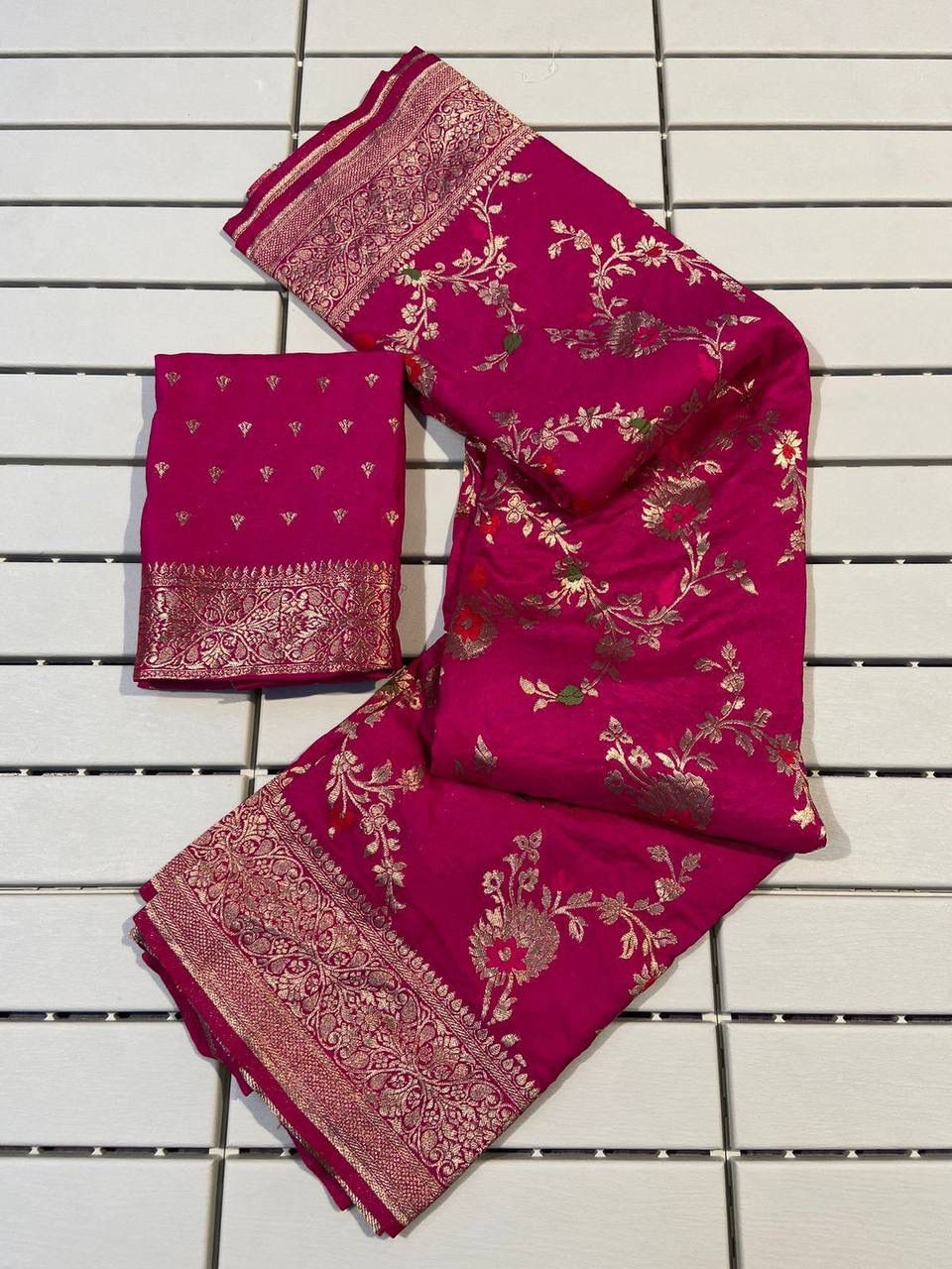 Abigail Pink Soft Silk Floral Saree with Golden Jacquard Border &amp; Unstitched Blouse Piece